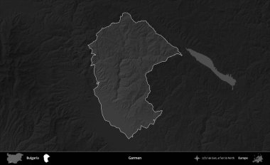 Garmen. Bulgaristan 'ın idari alanı koyu gri tonlu yükselme haritasına vurgulandı ve ana hatları çizildi