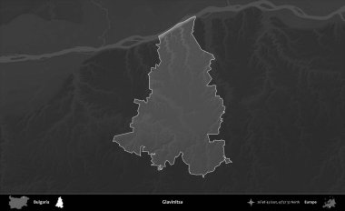 Glavinitsa. Bulgaristan 'ın idari alanı koyu gri tonlu yükselme haritasına vurgulandı ve ana hatları çizildi