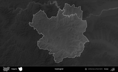Ivaylovgrad 'da. Bulgaristan 'ın idari alanı koyu gri tonlu yükselme haritasına vurgulandı ve ana hatları çizildi