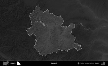 Kardzhali. Bulgaristan 'ın idari alanı koyu gri tonlu yükselme haritasına vurgulandı ve ana hatları çizildi