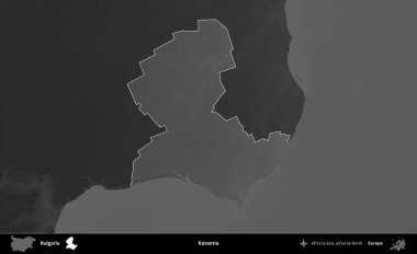 Kavarna. Bulgaristan 'ın idari alanı koyu gri tonlu yükselme haritasına vurgulandı ve ana hatları çizildi