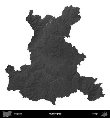 Krumovgrad 'da. Bulgaristan 'ın idari bölgesi gri ölçekli yükseklik haritasında beyaza izole edildi