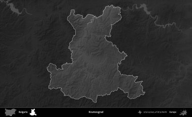 Krumovgrad 'da. Bulgaristan 'ın idari alanı koyu gri tonlu yükselme haritasına vurgulandı ve ana hatları çizildi
