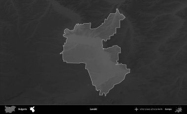 Levski. Bulgaristan 'ın idari alanı koyu gri tonlu yükselme haritasına vurgulandı ve ana hatları çizildi
