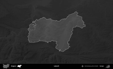 Lukovit. Bulgaristan 'ın idari alanı koyu gri tonlu yükselme haritasına vurgulandı ve ana hatları çizildi