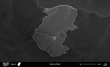 Montana Oblastı. Bulgaristan 'ın idari alanı koyu gri tonlu yükselme haritasına vurgulandı ve ana hatları çizildi