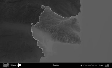Nesebar. Bulgaristan 'ın idari alanı koyu gri tonlu yükselme haritasına vurgulandı ve ana hatları çizildi