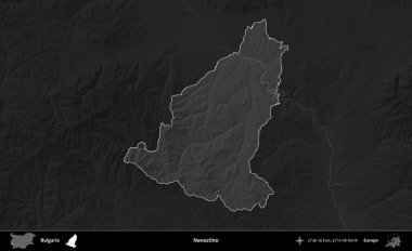 Nevestino. Bulgaristan 'ın idari alanı koyu gri tonlu yükselme haritasına vurgulandı ve ana hatları çizildi