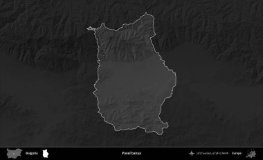 Pavel banya. Bulgaristan 'ın idari alanı koyu gri tonlu yükselme haritasına vurgulandı ve ana hatları çizildi