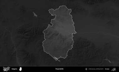 Pazardzhik. Bulgaristan 'ın idari alanı koyu gri tonlu yükselme haritasına vurgulandı ve ana hatları çizildi