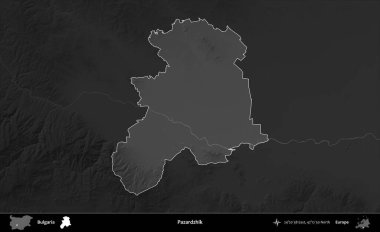 Pazardzhik. Bulgaristan 'ın idari alanı koyu gri tonlu yükselme haritasına vurgulandı ve ana hatları çizildi