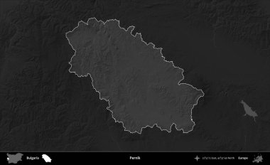 Pernik. Bulgaristan 'ın idari alanı koyu gri tonlu yükselme haritasına vurgulandı ve ana hatları çizildi