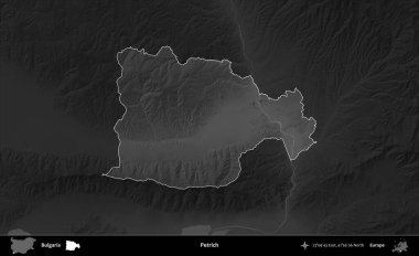 Petrich. Bulgaristan 'ın idari alanı koyu gri tonlu yükselme haritasına vurgulandı ve ana hatları çizildi