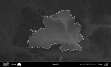 Provadia. Bulgaristan 'ın idari alanı koyu gri tonlu yükselme haritasına vurgulandı ve ana hatları çizildi