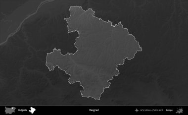 Razgrad 'da. Bulgaristan 'ın idari alanı koyu gri tonlu yükselme haritasına vurgulandı ve ana hatları çizildi