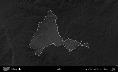Razlog. Bulgaristan 'ın idari alanı koyu gri tonlu yükselme haritasına vurgulandı ve ana hatları çizildi