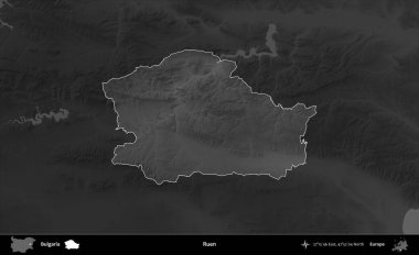 Ruen. Bulgaristan 'ın idari alanı koyu gri tonlu yükselme haritasına vurgulandı ve ana hatları çizildi