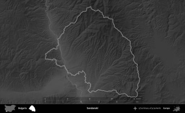 Sandanski. Bulgaristan 'ın idari bölgesi gri ölçekli bir yükselme haritasında belirtildi