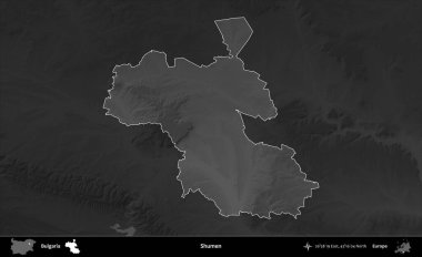Shumen. Bulgaristan 'ın idari alanı koyu gri tonlu yükselme haritasına vurgulandı ve ana hatları çizildi