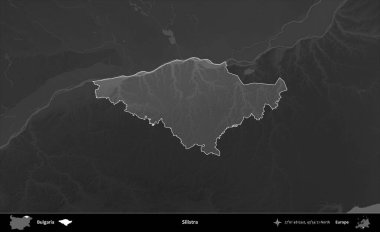 Silistra. Bulgaristan 'ın idari alanı koyu gri tonlu yükselme haritasına vurgulandı ve ana hatları çizildi