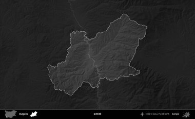 Simitli. Bulgaristan 'ın idari alanı koyu gri tonlu yükselme haritasına vurgulandı ve ana hatları çizildi