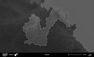 Sozopol. Bulgaristan 'ın idari alanı koyu gri tonlu yükselme haritasına vurgulandı ve ana hatları çizildi