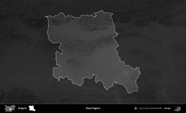 Stara Zagora. Bulgaristan 'ın idari alanı koyu gri tonlu yükselme haritasına vurgulandı ve ana hatları çizildi