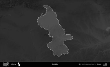 Straldzha. Bulgaristan 'ın idari alanı koyu gri tonlu yükselme haritasına vurgulandı ve ana hatları çizildi