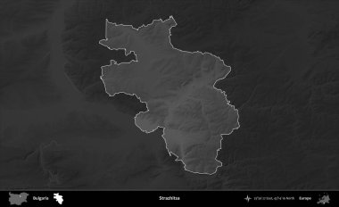 Strazhitsa. Bulgaristan 'ın idari alanı koyu gri tonlu yükselme haritasına vurgulandı ve ana hatları çizildi