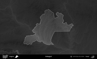 Svilengrad 'da. Bulgaristan 'ın idari alanı koyu gri tonlu yükselme haritasına vurgulandı ve ana hatları çizildi