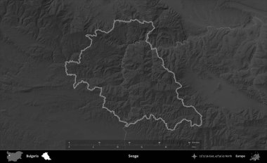 Svoge. Bulgaristan 'ın idari bölgesi gri ölçekli bir yükselme haritasında belirtildi