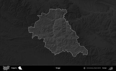 Svoge. Bulgaristan 'ın idari alanı koyu gri tonlu yükselme haritasına vurgulandı ve ana hatları çizildi
