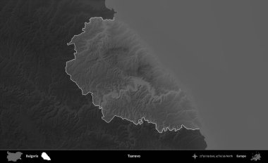 Çarevo. Bulgaristan 'ın idari alanı koyu gri tonlu yükselme haritasına vurgulandı ve ana hatları çizildi