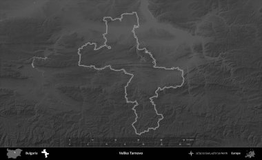Veliko Tarnovo. Bulgaristan 'ın idari bölgesi gri ölçekli bir yükselme haritasında belirtildi