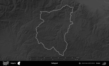 Velingrad 'da. Bulgaristan 'ın idari bölgesi gri ölçekli bir yükselme haritasında belirtildi