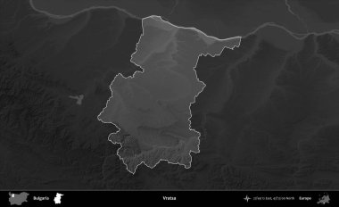 Vratsa. Bulgaristan 'ın idari alanı koyu gri tonlu yükselme haritasına vurgulandı ve ana hatları çizildi