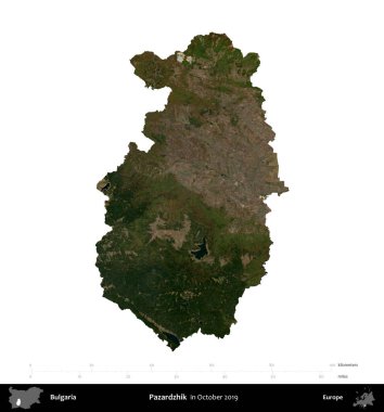 Pazardzhik. Bulgaristan 'ın idari bölgesi, Ekim 2019' da çekilen Global Mozaik Sentinel-2 karolarından oluşan bir uydu görüntüsü üzerinde beyaza izole edildi
