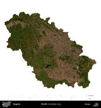 Pernik. Bulgaristan 'ın idari bölgesi, Ekim 2019' da çekilen Global Mozaik Sentinel-2 karolarından oluşan bir uydu görüntüsü üzerinde beyaza izole edildi