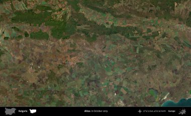 Aitos. Ekim 2019 'da çekilen Global Mozaik Sentinel-2 karolarından oluşan bir uydu görüntüsü üzerine Bulgaristan' ın idari alanı