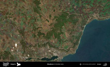 Aksakovo. Ekim 2019 'da çekilen Global Mozaik Sentinel-2 karolarından oluşan bir uydu görüntüsü üzerine Bulgaristan' ın idari alanı