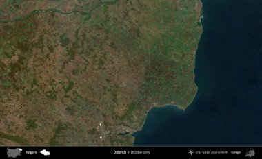 Dobrich. Ekim 2019 'da çekilen Global Mozaik Sentinel-2 karolarından oluşan bir uydu görüntüsü üzerine Bulgaristan' ın idari alanı