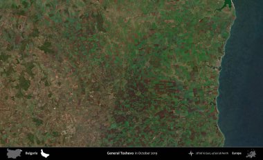General Toshevo. Ekim 2019 'da çekilen Global Mozaik Sentinel-2 karolarından oluşan bir uydu görüntüsü üzerine Bulgaristan' ın idari alanı