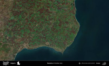 Kavarna. Ekim 2019 'da çekilen Global Mozaik Sentinel-2 karolarından oluşan bir uydu görüntüsü üzerine Bulgaristan' ın idari alanı