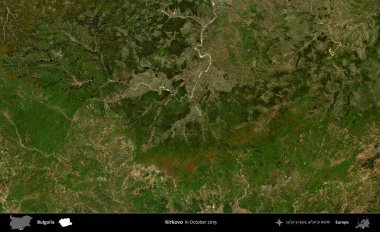 Kirkovo. Ekim 2019 'da çekilen Global Mozaik Sentinel-2 karolarından oluşan bir uydu görüntüsü üzerine Bulgaristan' ın idari alanı