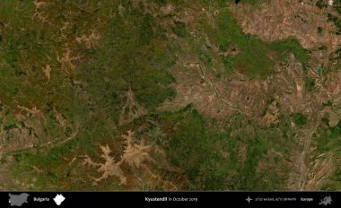 Kyustendil. Ekim 2019 'da çekilen Global Mozaik Sentinel-2 karolarından oluşan bir uydu görüntüsü üzerine Bulgaristan' ın idari alanı