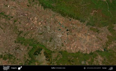 Sofia mı? Ekim 2019 'da çekilen Global Mozaik Sentinel-2 karolarından oluşan bir uydu görüntüsü üzerine Bulgaristan' ın idari alanı