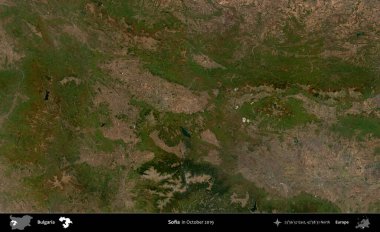 Sofia mı? Ekim 2019 'da çekilen Global Mozaik Sentinel-2 karolarından oluşan bir uydu görüntüsü üzerine Bulgaristan' ın idari alanı
