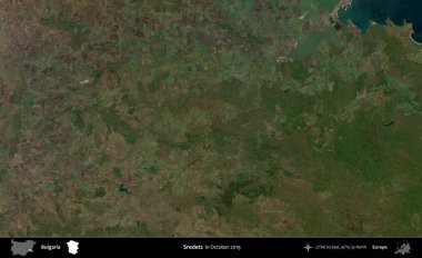 Ekmekler. Ekim 2019 'da çekilen Global Mozaik Sentinel-2 karolarından oluşan bir uydu görüntüsü üzerine Bulgaristan' ın idari alanı