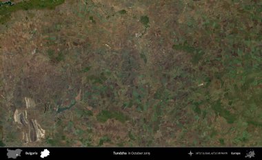 Tundzha. Ekim 2019 'da çekilen Global Mozaik Sentinel-2 karolarından oluşan bir uydu görüntüsü üzerine Bulgaristan' ın idari alanı
