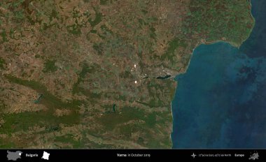 Varna. Ekim 2019 'da çekilen Global Mozaik Sentinel-2 karolarından oluşan bir uydu görüntüsü üzerine Bulgaristan' ın idari alanı